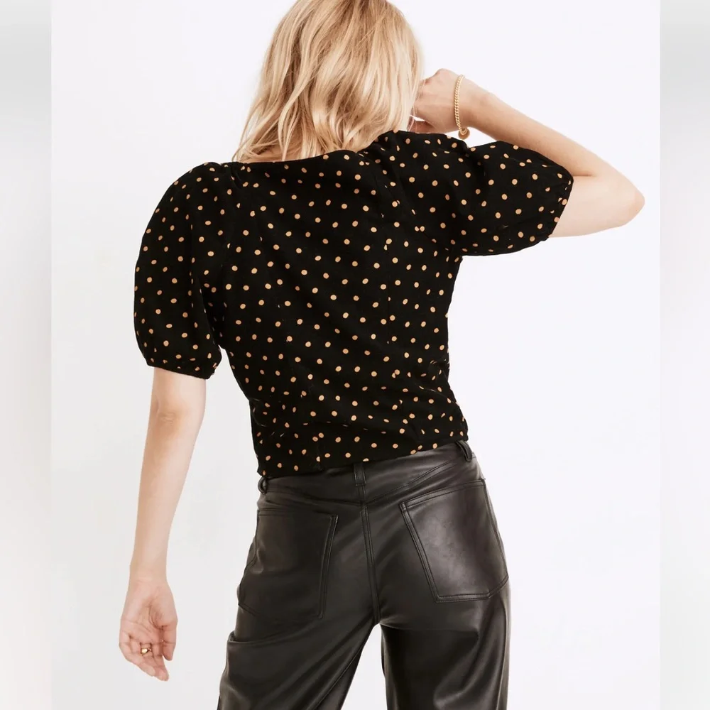 Madewell Corduroy Puff-Sleeve Button Wrap Top Black in‎ Tan Oval Dot Size XS